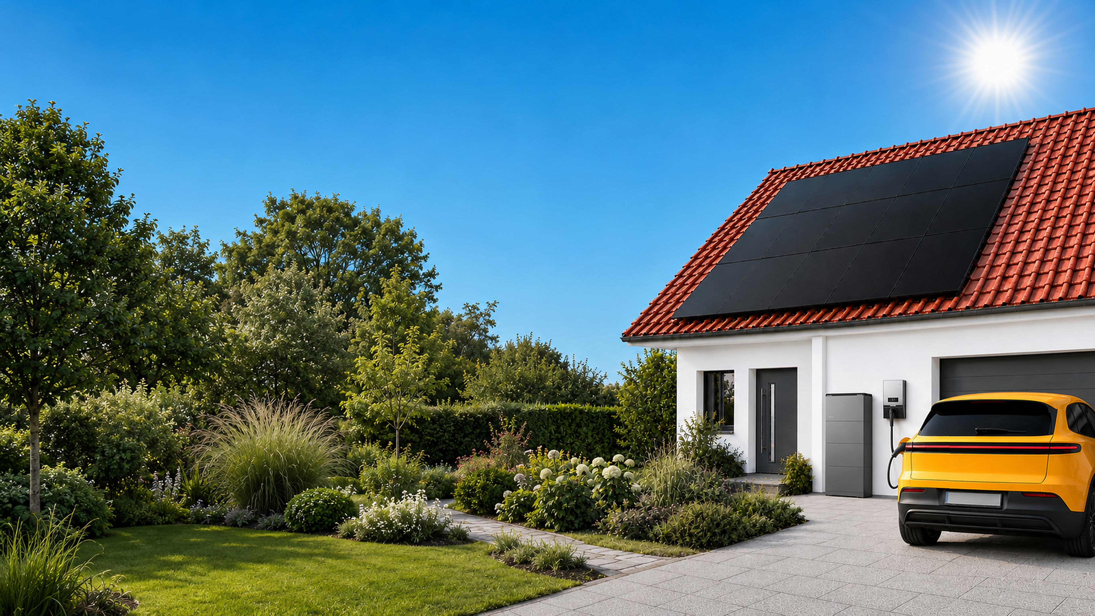 Modernes Gebäude mit Photovoltaikanlage, natürlichem Garten, gelbem Elektrofahrzeug, Batteriespeicher und Wallbox