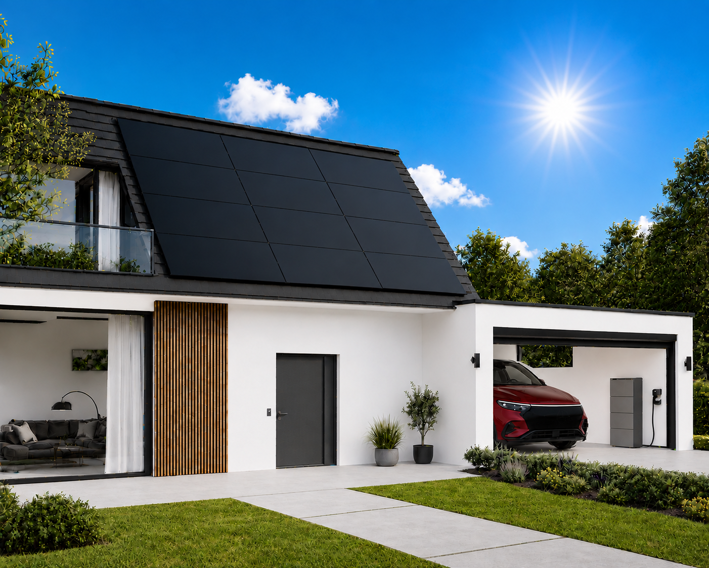 Modernes SUNTEC Zuhause mit Photovoltaikanlage, rotem Elektro-SUV, Batteriespeicher und Wallbox in der Garage